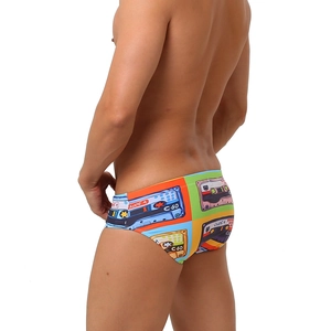 Men's retro cassette tape print swim briefs with vibrant color block stripe design