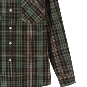 Classic men's long sleeve plaid shirt in dark green and brown with a front pocket