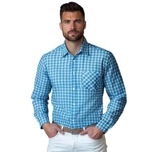 Classic blue and white plaid long sleeve shirt for men featuring a chest pocket and button down collar