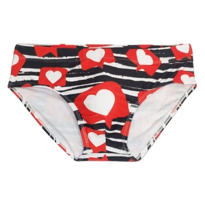 Men's low rise swim trunks with black white stripes and red heart patterns for beachwear