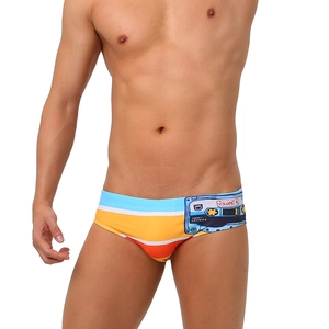 Detailed view of men's vintage cassette print swimwear with colorful stripes on a slim fit