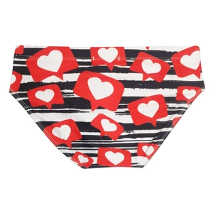 Detail of men's swim briefs with black white stripes and red heart notification icon