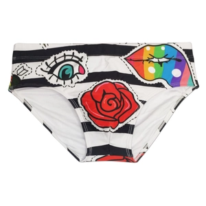 Men's striped swim briefs with pop art eye, rainbow lips and red rose embroidery