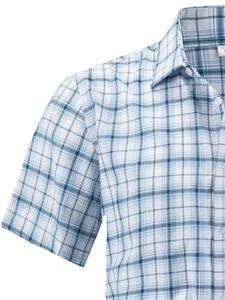 Close-up of the spread collar and blue plaid pattern on this men's short sleeve shirt