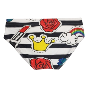Detail of swimsuit fabric with striped patterns and colorful cartoon rose prints