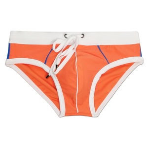 Men's orange swim briefs featuring white contrast trim and adjustable drawstrings for beachwear