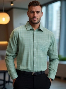 Men's sage green plaid shirt with long sleeves and classic business collar detail