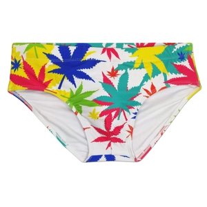 Men's sexy beach swimwear with colorful maple leaf print on quick-dry white fabric