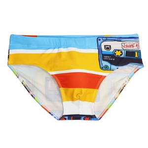 Close-up of retro cassette print and colorful horizontal stripes on men's swim trunks
