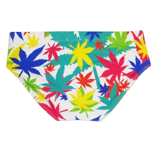 Close-up of colorful maple leaf print on white men's swim briefs with elastic waist
