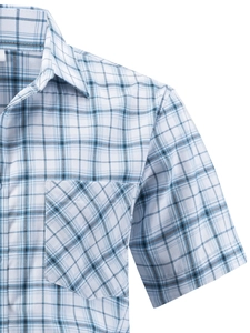 Detail of a men's plaid short sleeve shirt showing the lapel collar and chest pocket