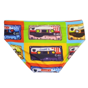 Detailed view of men's swim briefs with retro colorful cassette tape print and stripes