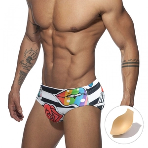 Men's Pop Art Swimming Briefs Rose Lip Print Stripe Polyester Spandex Low Waist Swimwear For Beach Pool Party Fitness
