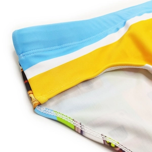 Detailed close-up of men's striped swim briefs showing elastic waist and colorful print stitching