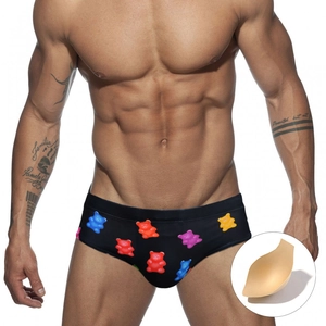 Men Cute Gummy Bear Print Swim Trunks With Removable Push Up Cup Quick Dry Elastic Fitness Beach Swim Briefs Fashion Swimwear