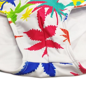 Detailed macro view of men's white swim trunks featuring colorful maple leaf patterns