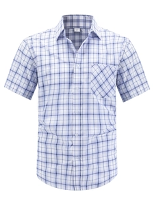 Close-up of blue and white checkered short sleeve shirt with chest pocket and size label