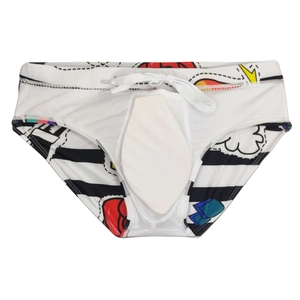 Detailed view of men's striped swim briefs with pop art prints and interior cup lining