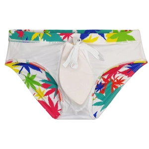 Detail of white men's swim briefs with colorful maple leaf print and waist drawstring