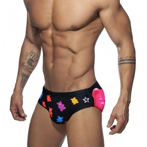 Mens Sexy Swim Briefs Polyester Spandex Cartoon Gummy Bear Print Quick Dry Elastic Waist Beach Bathing Suits Swimwear