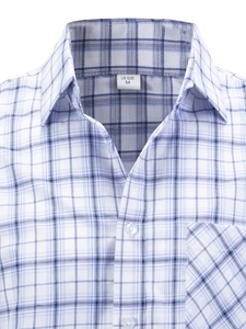 Close-up of blue and white plaid shirt showing button-down collar and chest pocket detail