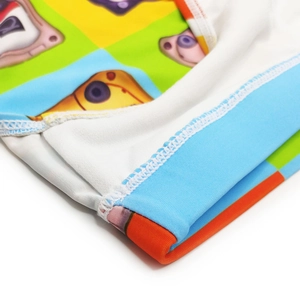 Detail view of the colorful Spongebob Patrick Star pattern on retro elastic swim trunks