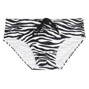 Men's sexy zebra pattern swim briefs with adjustable black drawstring and metal tips