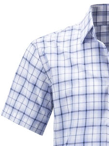 Detailed close-up of the classic collar and plaid fabric on a men's short-sleeve shirt