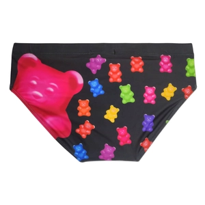 Men's swim briefs with colorful gummy bear print and quick-dry elastic fabric