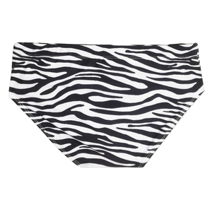 Close-up of zebra stripe pattern on men's swim briefs with elastic fabric texture