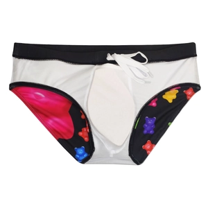 Detail of men's gummy bear swim briefs with front padded cup and adjustable drawstrings