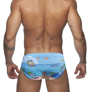 Men's low-rise swim briefs in light blue with cartoon beach prints and surfing tiger pattern