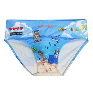 Men's sky blue swim trunks featuring retro video game animals and digital heart patterns