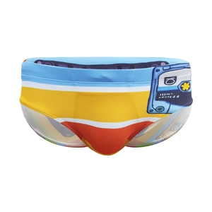 Men's retro swim briefs with multi-color stripes and vintage cassette graphic print