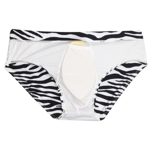 Detailed view of men's zebra print swim briefs featuring a removable push-up sponge pad