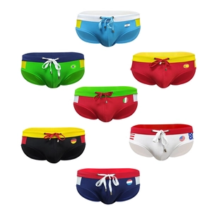 Men's low-rise swim briefs with drawstring and various national flag prints on the side