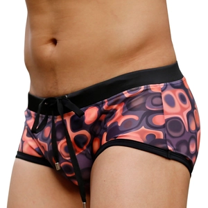 Men's swim briefs featuring modern purple and orange abstract geometric prints with drawstrings