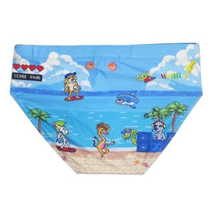 Detail of blue men's swim briefs featuring cartoon surfing tiger and animal prints