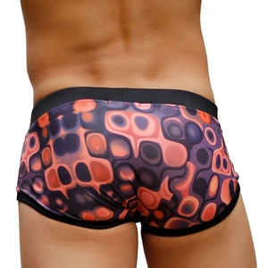 Men's swim trunks with purple and orange abstract geometric print and black elastic edges