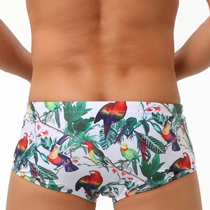 Men's boxer swim trunks featuring vibrant tropical bird and floral print on white background