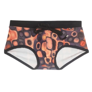 Men's geometric print swim trunks with orange, purple, and black abstract circle pattern