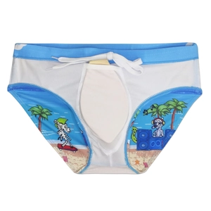 Detail view of blue men's swim trunks with functional white drawstring and beach prints