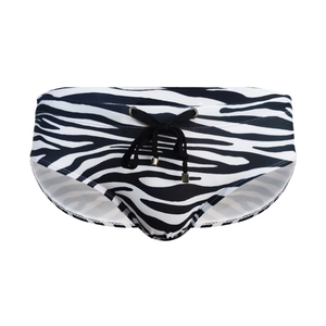 Men's low-waist zebra print swim briefs with adjustable drawstrings and 3D pouch design