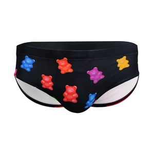 Men's stylish swim briefs with colorful gummy bear pattern on black quick-dry fabric