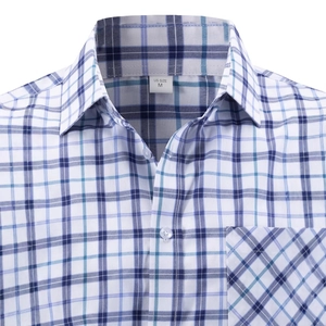 Men's US size M business casual blue and white plaid single-breasted shirt details