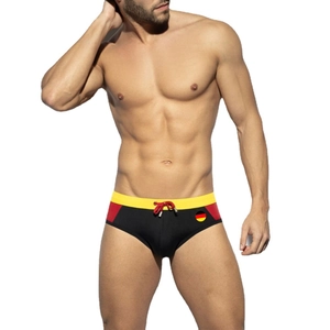 Detail view of men's swim briefs featuring German flag colors and adjustable drawstring