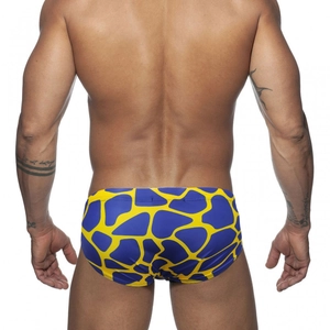 Men's quick-dry swim briefs featuring blue and yellow abstract giraffe print pattern