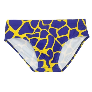 Men's swim briefs featuring vibrant blue and yellow giraffe print in a minimalist cut