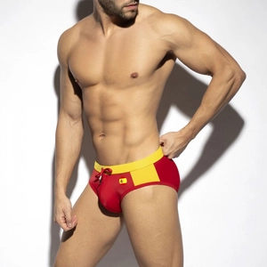Men's quick-dry swim briefs in red and yellow with Spanish flag print and drawstring