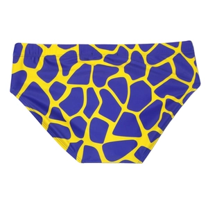 Detailed front view of men's swim briefs with yellow and blue giraffe pattern print